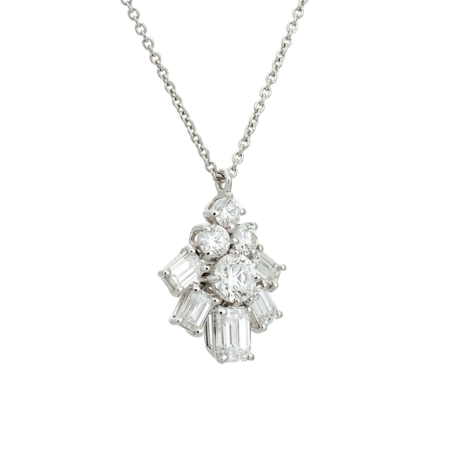 Graff platinum pendant with emerald cut and round diamonds totaling 2.00 carats showcasing masterful craftsmanship and timeless elegance.