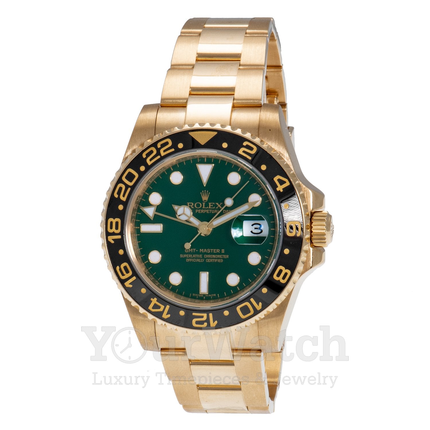 Rolex 116718LN GMT Master II Yellow Gold Green Dial 40mm Mens Watch